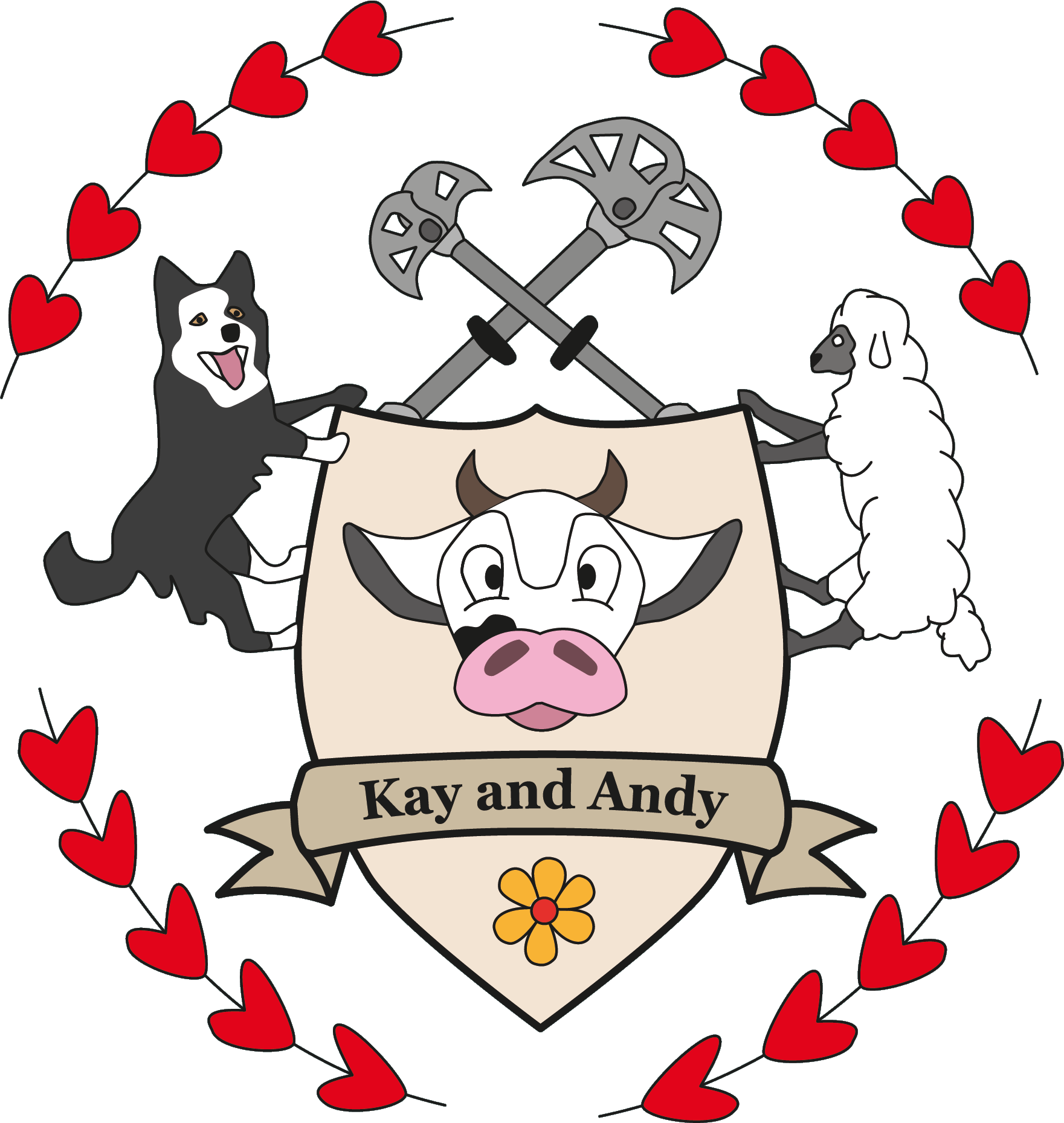 Wedding logo showing a coat of arms with a sheep, a dog, cams, and a cow. Along with flowers and love hearts